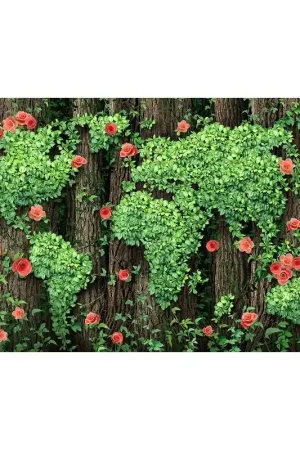 Revêtement de sol trompe l'oeil 3D- Carte du monde dessinée par les feuilles et les fleurs Certifié