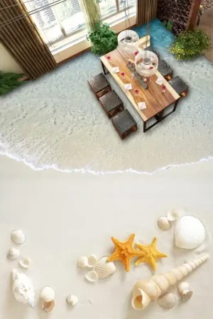 Soldes Revêtement de sol salle de bain trompe l'œil 3D - Les coquillages sur le sable blanc