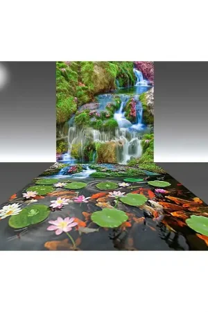 Bon Marché Décor combiné mur-sol 3D - Chute d'eau avec les nénuphars et les poissons - Partie sol