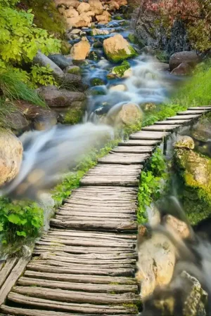 Soldes Revêtement de sol paysage - Petit pont en bois sur la rivière