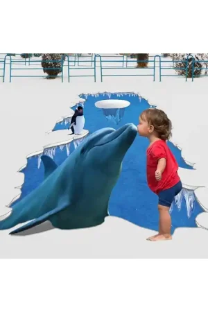 Décoration animation événementielle Revêtement de sol trompe l'oeil 3D trou au sol - Le dauphin et le pingouin sur la glace Paiement Sécurisé