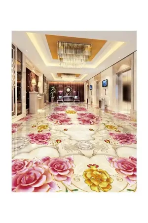 Commande En Gros Décoration appartement témoin - Revêtement de sol 3D les fleurs derose et les perles sur marbre effet bas relief
