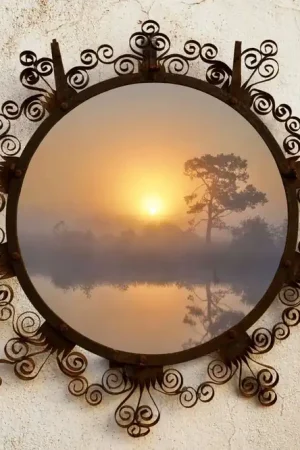 Papier Peint Panoramique Lever de soleil au-dessus d'un lac brumeux Prix Choc