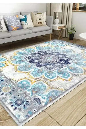 Usine Directe Tapis sol motif traditionnel aspect ancien, couleur avec les différentes nuances de bleu, gris claire et jaune