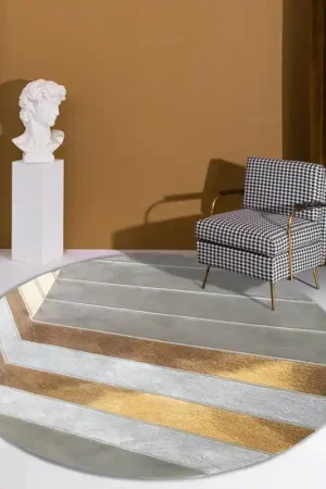 Usine Directe Tapis rond gris jaune-doré pour salon, séjour, chambre