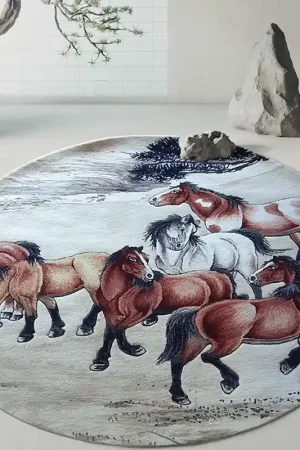 Usine Directe Tapis chinoiserie forme ronde - Les chevaux dans la colline, fond beige