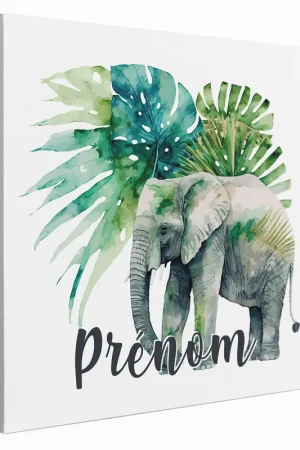 Achat Immédiat Tableau toile enfants personnalisée avec prénom - Éléphant tropicale