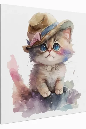 Vente Flash Tableau toile Enfants Carré - Chaton Chapeau