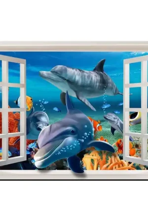 Trompe l'oeil effet 3D - Paysage fond marin - Dauphins sortent de la fenêtre 2 Commander Maintenant