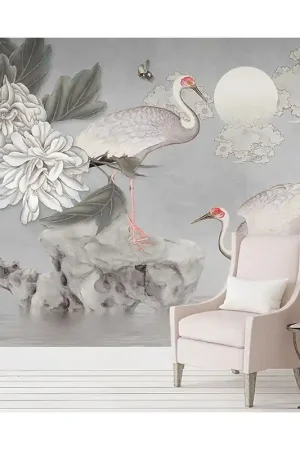 Top Vente Fresque chinoise fleurs et oiseaux ton gris - Aigrettes, pivoine et papillons dans la nuit en pleine lune