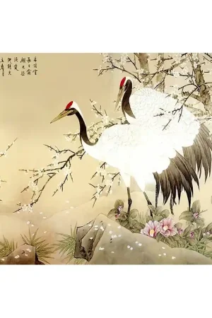 Achetez Aujourd’hui Tapisserie asiatique - Les grues du Japon avec les fleurs de cerisier et les camélias