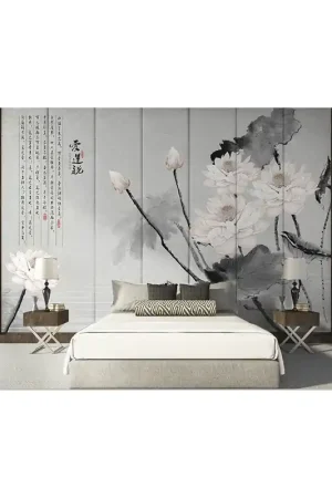 Usine Directe Tapisserie asiatique fond gris aspect ancien - Les lotus blancs et le poème chinois