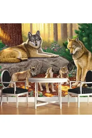Usine Directe Papier peint photo paysage issu d'un tableau d'artiste - La famille loup dans la forêt