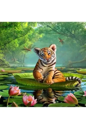 Acheter Direct Décoration chambre d'enfant sticker XXL - Le bébé tigre sur une feuille de nénuphar géant