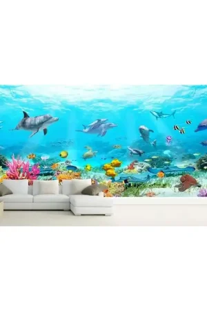 Achat Immédiat Décoration murale grand panoramique paysage fond marin - Les daupins, les coraux et les poissons