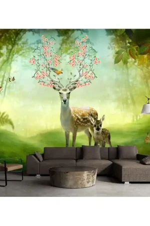 Top Vente Décoration murale chambre d'enfant paysage féerique - La Maman daim et son bébé dans la forêt