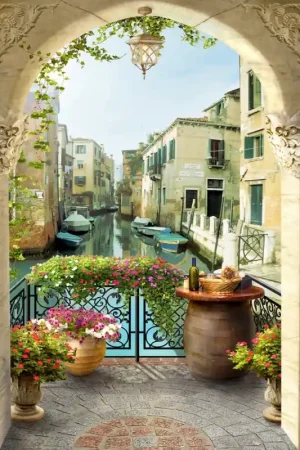 Acheter Direct Papier peint photo trompe l'oeil 3D format portrait (vertical) - Le canal de Venise vue depuis mon balcon