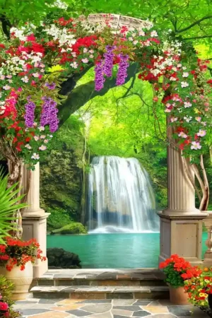 Vente Directe Papier peint photo trompe l'œil 3D format portrait (vertical) - Jardin floral avec chute d'eau