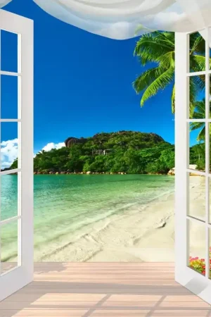 Acheter En Ligne Paysage tropical trompe l'œil 3D format vertical (portrait) - Porte fenêtre vers la plage - Extension d'espace