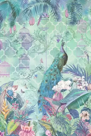 Usine Directe Paon bleu dans jardin tropical avec fleurs et oiseaux, couleur naturelle
