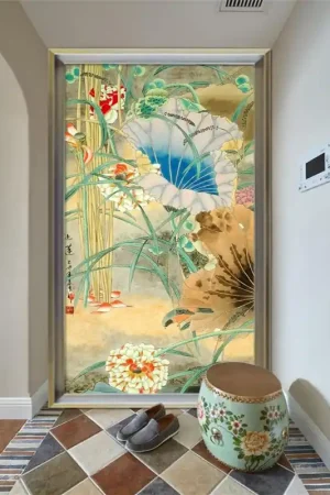 Top Vente Tapisserie asiatique fleurs et oiseaux format vertical - Oiseau dans l'etang avec lotus rouge blanc