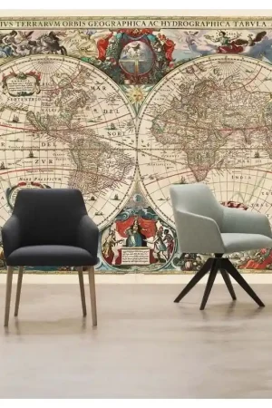 Vieille carte mondiale No. 3 avec fresque murale ancienne Quantité Limitée
