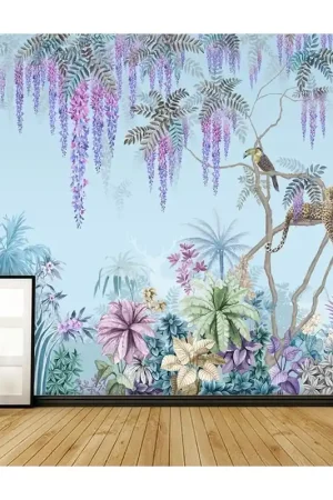 Achetez Aujourd’hui Tapisserie florale végétation de la jungle, fond bleu pastel - Toucan et panthère sur l'arbre de glycine tropicale