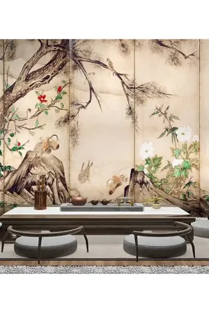 Top Vente Estampe japonaise 6 volets sur fond beige - Les canards mandarins et les fleurs