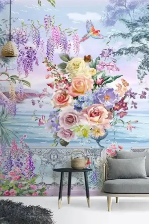 Achat Immédiat Balcon fleuri au bord de la mer - Bouquet de fleurs, glycine et perroquet