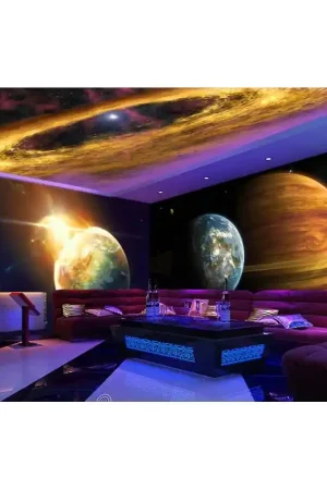 Univers mystérieux - Planète géante avec anneau, terre bleue, éruption solaire Super Prix