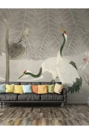 Acheter En Ligne Fresque chinoise vintage - Grues dans l'étang avec lotus et libellules, ton gris