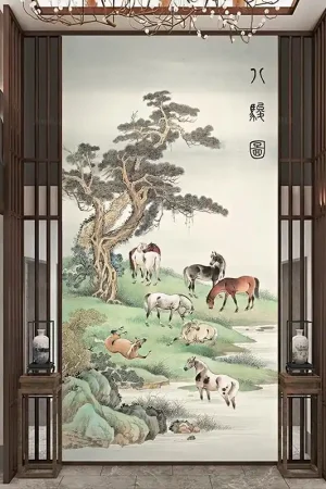 Vente Flash Tapisserie vintage issue d'une peinture asiatique format vertical - Les chevaux au bord de l'eau